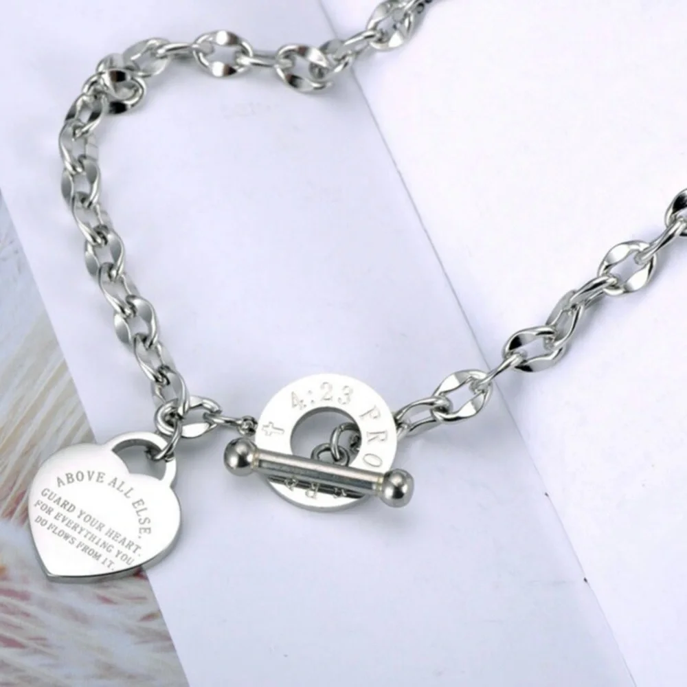 New Proverbs 4:23 Handmade 316L Stainless Steel Cross Heart Pendant Necklace